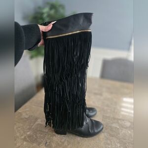 VINTAGE Fringe Black Leather Women's Boots Sz 8